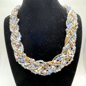 Catherine Stein NWT Statement Necklace Braided Beaded Gold Tone Baby Blue